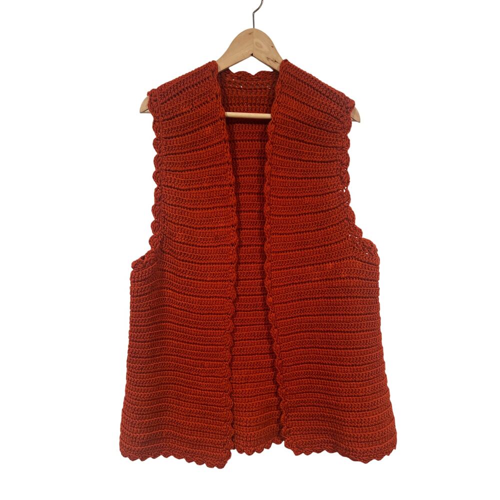 Vintage Women’s Grandmacore Hand Knit Open Cardigan Vest Orange Cozy Fall L - Picture 3 of 5